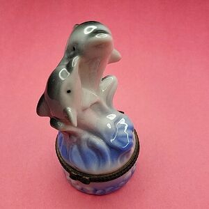 Porcelain Dolphin Trinket Box - Blue and Gray